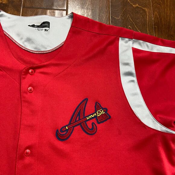 True Fan MLB Atlanta Braves Baseball Red Gray Button Down Jersey Men's Size 2XL - Picture 2 of 9